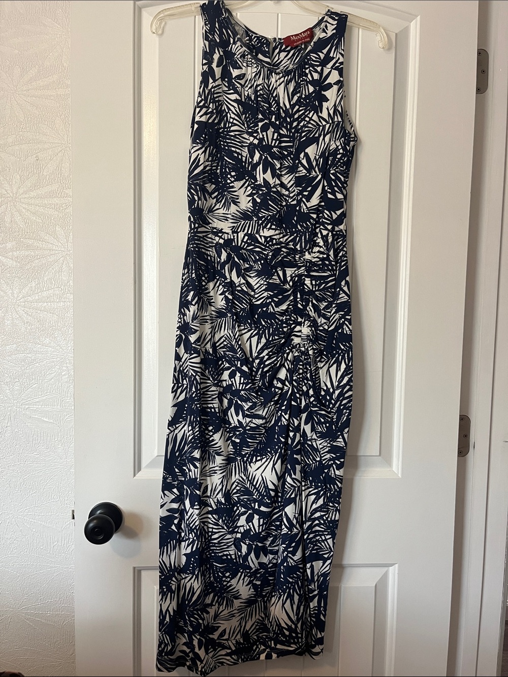 MaxMara Navy and White Sleeveless Leaf-Print Maxi Dress